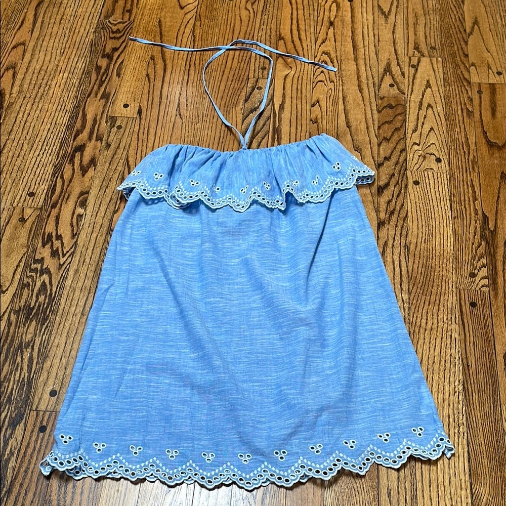 J. Crew sz S classic summer dress - chambray blue white eyelet cotton-linen